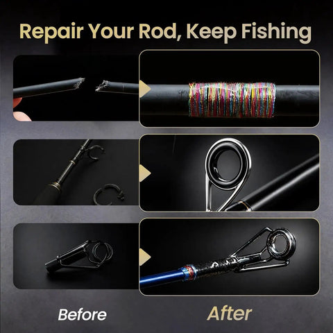 Complete 3-In-1 Fishing Rod Tip Repair Kit Loaded With Pro Gear To Restore Broken Tips And Refit Split Guides Fast So You Can Keep Tight Lines No Sweat Ever, before and after rod repairs.