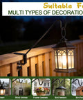 Badass Deck Railing Plant Hangers 2 Pack Workhorse Solid Core Shepherd Hooks Rust Resistant Outdoor Garden Bracket Holds Flower Pots on wooden railing with lantern and decorations.