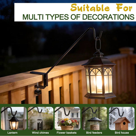 Badass Deck Railing Plant Hangers 2 Pack Workhorse Solid Core Shepherd Hooks Rust Resistant Outdoor Garden Bracket Holds Flower Pots on wooden railing with lantern and decorations.
