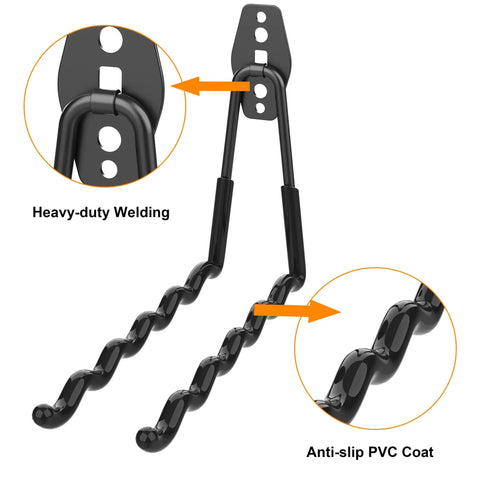Close-up of Heavy Duty Garage Hooks Six Pack With Extra Hook For Added Security, dual arm design with anti-slip PVC coat.
