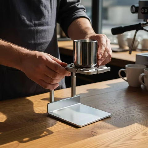 Upgrade Your Daily Drip With This Pro Level Stainless Steel Coffee Dripper Stand Reusable Pour Over Brewer No Paper Filters Required For Home Bars And Cafe Crews, hands placing cup on metal dripper.