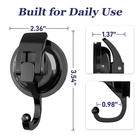 Heavy Duty Vacuum Suction Cup Hooks Black 2 Pack For Smooth Walls And Glass Zero Drama Mounting Hella Strong Suction Grip No Drill Needed For Bathroom Kitchen Setup And Dope Home Storage Solutions with measurements.
