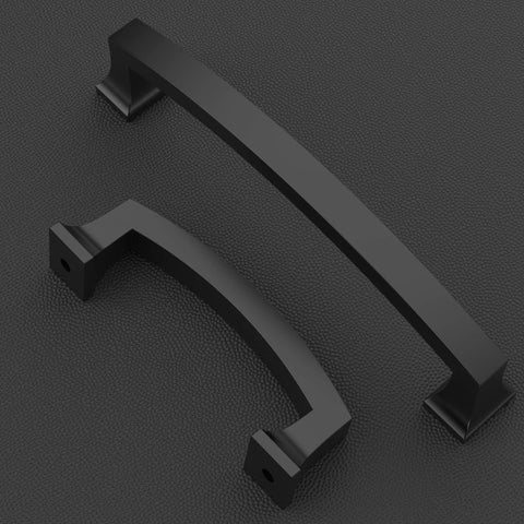 Two matte black cabinet pulls displayed on a textured surface, focus on 4-inch size, pack of 10, kitchen hardware, durable metal construction.