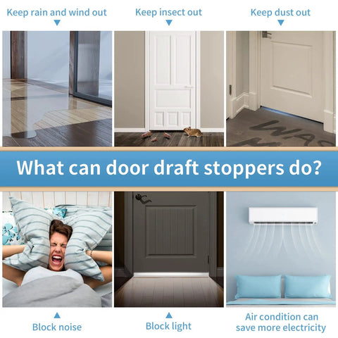 Image showing the benefits of the Ultimate Door Draft Stopper 2 Pack For Under Door Sweep Fits Interior And Exterior Doors Weather Stripping Seal Silicone Draft Guard For Noise Reduction And Cold Air Insulation 2 In W X 39 In L Grey, including blocking rain, wind, noise, and drafts.