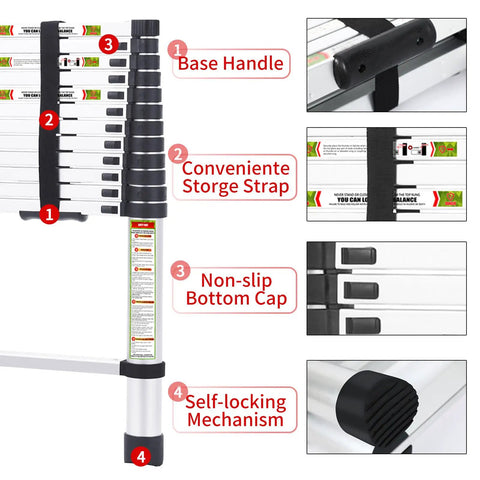 12.5 Foot Telescoping Aluminum Ladder With Non Slip Feet For Home And Outdoor DIY Use, features labeled design elements