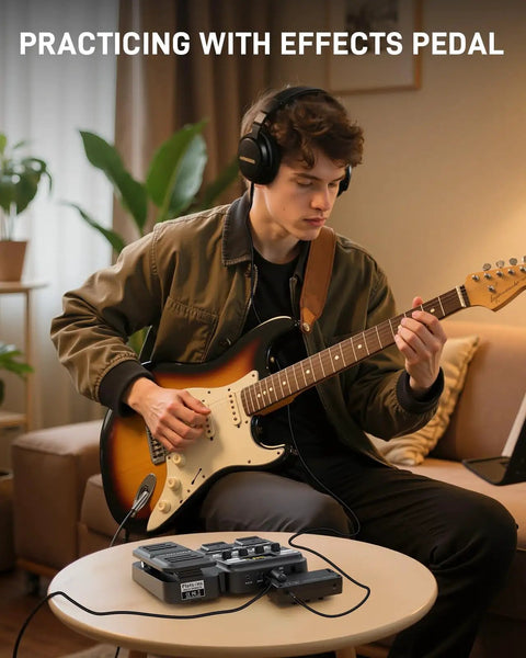 Person practicing guitar with Mini Guitar Headphone Amplifier With 3.5mm Aux Jack For Silent Practice And On The Go Travel nearby.