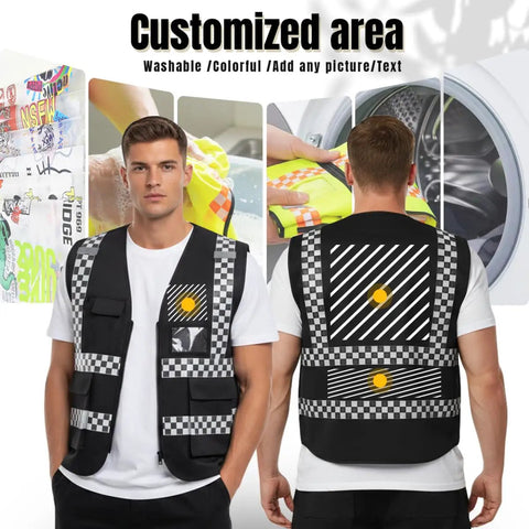 Grind Ready High Visibility Safety Vest With Heavy Duty Reflective Panels Custom Brand Logo Durable Unisex Work Gear For Contractors and Highway Crews Black Pink, front and back view showing customizable areas.