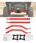 Red Rear Radius Arms For Polaris RZR XP 1000 And XP 4 1000 Beefy Heavy Duty Steel With Adjustable Heim Joints, High Clearance, Boxed Design For Maximum Tire Grip, Precise Suspension Geometry And Smoother Off Road Handling. Red rear radius arms kit with hardware for Polaris RZR XP 1000 and XP4 1000.