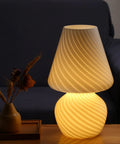 Tall Mushroom Glass Table Lamp With Romantic 12 Inch Vintage Swirl Mid Century Design, Elegant Bedside Light glowing on table
