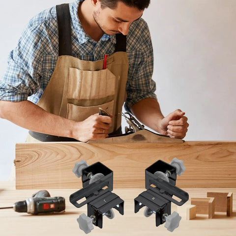 Carpenter using stainless steel adjustable drawer front clamps set for quick no-fuss, secure install in furniture making.