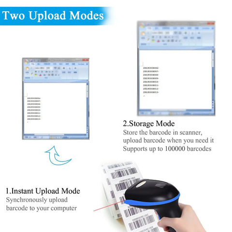 2.4G Wireless 1D Barcode Scanner for Retail and Warehouse scanning a barcode for instant upload and storage mode use