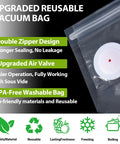 Close-up of 60 Pack Vacuum Sealer Bags For Food BPA Free Reusable With Upgraded Air Valve, double zipper and eco-friendly icons