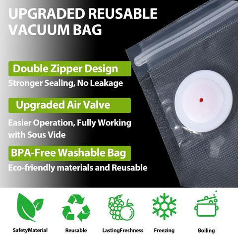 Close-up of 60 Pack Vacuum Sealer Bags For Food BPA Free Reusable With Upgraded Air Valve, double zipper and eco-friendly icons