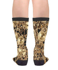 Clockwork Gearhead Engineer Crew Socks For Men And Women with brass cogs pattern on legs, unisex novelty socks for tech lovers.