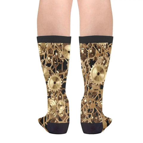 Clockwork Gearhead Engineer Crew Socks For Men And Women with brass cogs pattern on legs, unisex novelty socks for tech lovers.