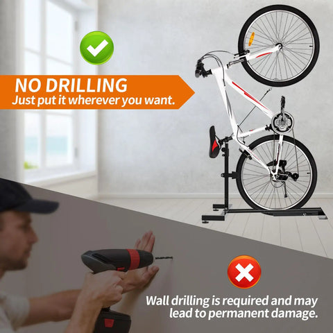 Vertical Bike Rack For Garage And Indoor Storage, Space Saver Bike Stand, no drilling needed, freestanding in room corner.