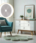 Round Back Plates For Cabinet Knobs 8 Pack Thick Iron Decor Back Plates shown on a dresser in a modern living room, close-up inset view.