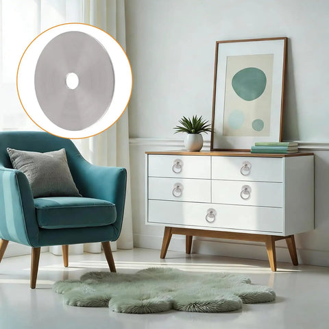 Round Back Plates For Cabinet Knobs 8 Pack Thick Iron Decor Back Plates shown on a dresser in a modern living room, close-up inset view.