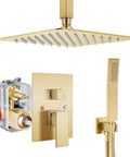 Brushed Nickel Ceiling Mount Rainfall Shower Head System With 10 Inch Square Head, Two Function High Pressure Shower Combo, Rough In Valve, Brass Handheld Shower Faucet Set