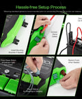 Setup guide for Road Ready 1000W Power Inverter 2000W Peak DC 12 Volt To AC 120 Volt Converter with clamps and connections.