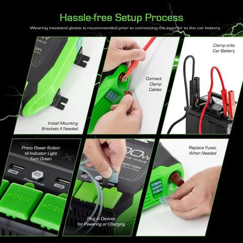 Setup guide for Road Ready 1000W Power Inverter 2000W Peak DC 12 Volt To AC 120 Volt Converter with clamps and connections.