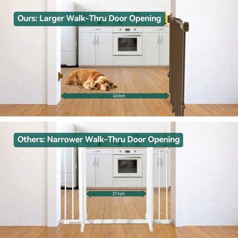 Comparison of Auto Close Baby and Dog Gate for Stairs and Hallways 2 In 1 Swing Doorway with larger 43-inch opening and standard 27-inch gate.