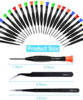 Magnetic 25 Piece Nerd-Grade Precision Screwdriver Set with various bits and ESD tweezers shown with size dimensions.