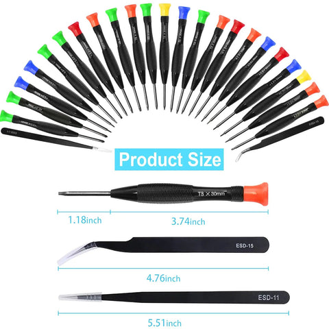 Magnetic 25 Piece Nerd-Grade Precision Screwdriver Set with various bits and ESD tweezers shown with size dimensions.