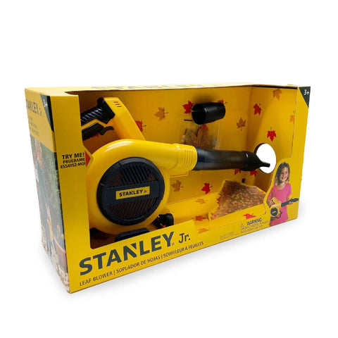 Battery Powered Kids Leaf Blower Toy For Outdoor Play in packaging, yellow plastic, realistic pretend tool for ages 3+.
