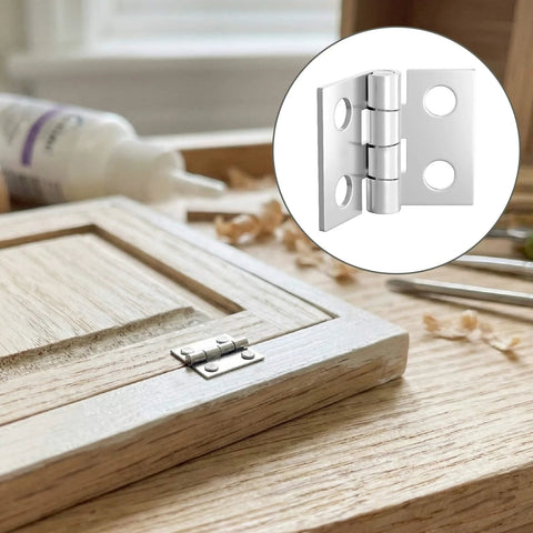 Miniature Jewelry Box Hinges for Crafts 20 Sets Metal Butt Hinges 10.3x8.1mm with Screws 180 Degree Folding shown installed on wood