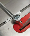 Digital Table Saw Gauge With ProGrade Hardened Aluminum Body, Anodized Black Finish, measuring near saw blade on table saw