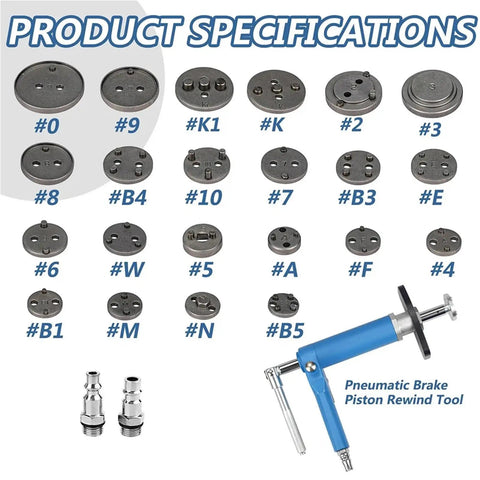 Rear Drum Brake Caliper Service Tool Set With Pneumatic Piston Pad Compressor for Cars and Trucks and various adapters.