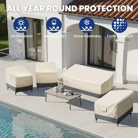 Outdoor furniture with heavy duty waterproof outdoor chair covers 2 pack for patio chairs like swivel rocking Adirondack tough as nails tear resistant weatherproof with air vents 33 W x 35 D x 38.5 H shown by poolside.