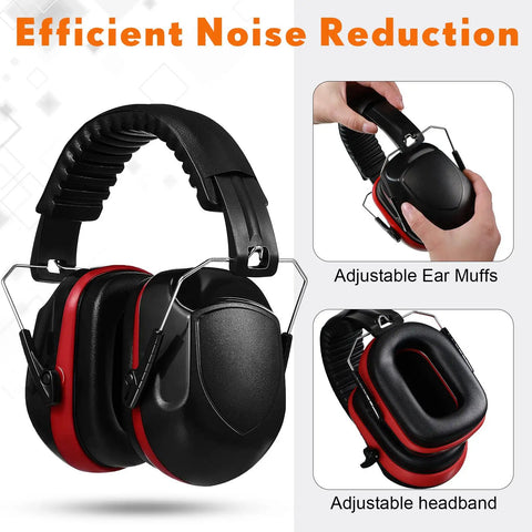 Triple Pack Noise Reduction Ear Muffs with NRR 28 dB, red and black, adjustable features for shooting and construction.
