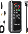 Front view of dual cylinder tire inflator with auto shut off, 4X faster portable air compressor, upgraded color LED screen, hose, adapters.