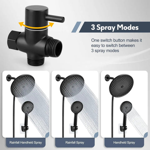 Three modes of 8.5 Inch Matte Black Shower Head With Handheld Spray Combo, showing rainfall, handheld, and dual functions.
