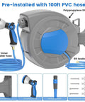Retractable Garden Hose Reel Wall Mount With 100 Ft Hose Half Inch Diameter Automatic Slow Rewind Lock Any Length 180