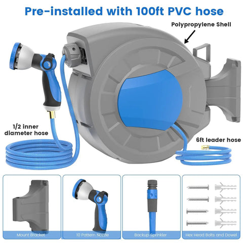 Retractable Garden Hose Reel Wall Mount With 100 Ft Hose Half Inch Diameter Automatic Slow Rewind Lock Any Length 180