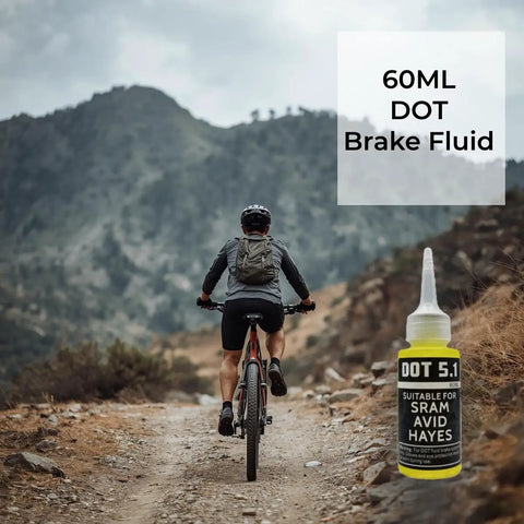 Cyclist on mountain trail with Bike Brake Bleed Kit For All SRAM Series With Metal Adapters And 60ml Dot 5.1 High Performance Brake Fluid.