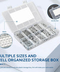558 Piece Cotter Pin Set With 10 Sizes In 304 Stainless Steel R Clips And Hairpin Pins in open storage box