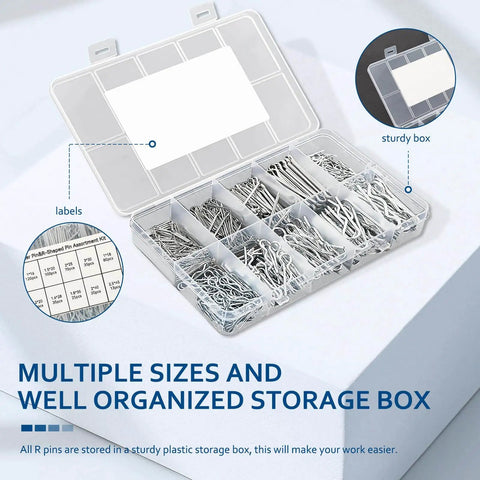 558 Piece Cotter Pin Set With 10 Sizes In 304 Stainless Steel R Clips And Hairpin Pins in open storage box