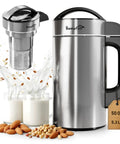 Built-In Filter 304 Stainless Steel Almond Milk Maker With 50oz Capacity, 6-7 Cups Per Batch, silvery finish next to milk glasses.