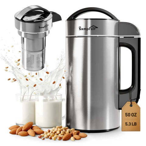 Built-In Filter 304 Stainless Steel Almond Milk Maker With 50oz Capacity, 6-7 Cups Per Batch, silvery finish next to milk glasses.