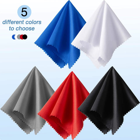 Five microfiber cleaning cloths in assorted colors (blue, white, gray, red, black), 6x7 inches for glasses and electronics