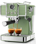 Top Notch Semi Automatic Espresso Maker With Built In Milk Steamer And 20 Bar Pressure brewing espresso with two glasses in vintage green finish.