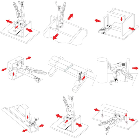 Diagram showing Expand O Reverse Action Clamping Pliers with 500 lbs clamp pressure used in various setups and angles.
