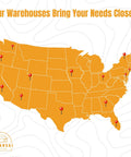Map of the United States highlighting warehouse locations, titled 'Our Warehouses Bring Your Needs Closer'.