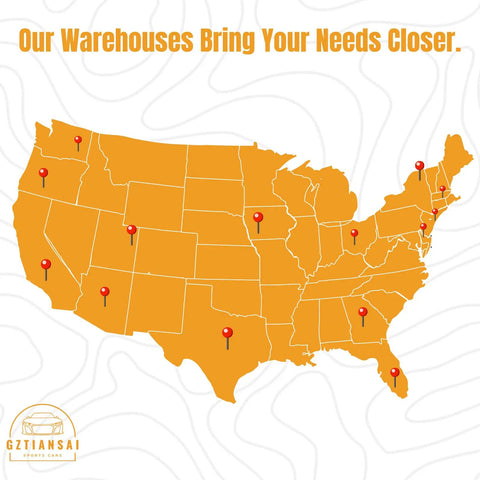 Map of the United States highlighting warehouse locations, titled 'Our Warehouses Bring Your Needs Closer'.
