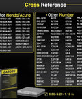 Cabin air filter with activated carbon in CARORY packaging; cross-reference chart for Honda/Acura models; 8.86 x 9.21 x 1.18 in