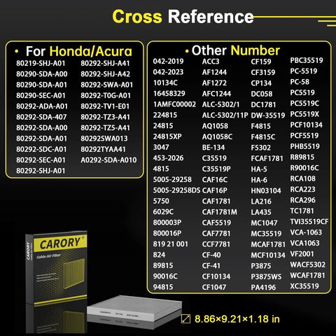 Cabin air filter with activated carbon in CARORY packaging; cross-reference chart for Honda/Acura models; 8.86 x 9.21 x 1.18 in